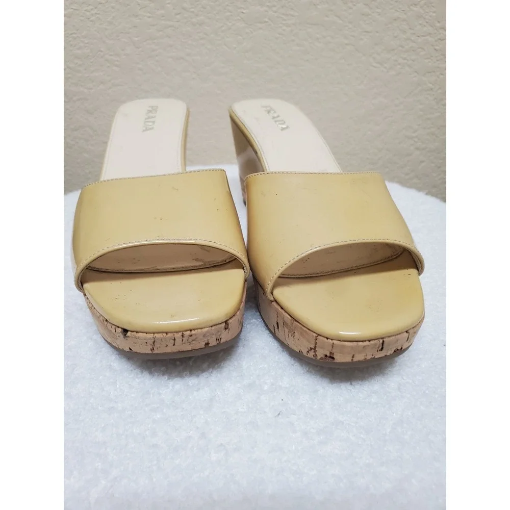 Vintage Prada nude patent leather slip-on wedge‎ sandals, size 37.5 (women's),
